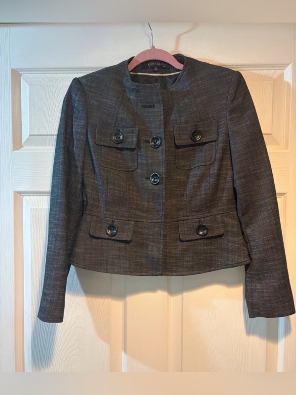 Anne Klein Charcoal Heathered Collarless Button Blazer